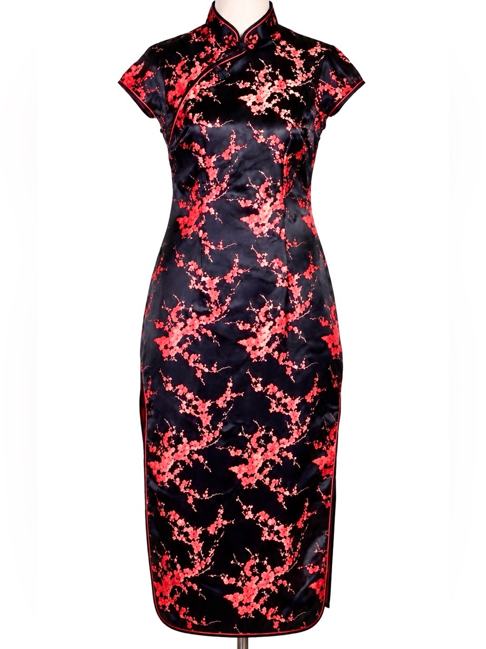 Tang Yi Vintage Red Satin Feel Embroided Side Slit Cheongsam Dress